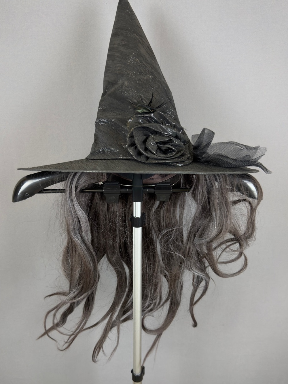 Witch Hat with Long Gray Wig - Women’s Costume Accessory